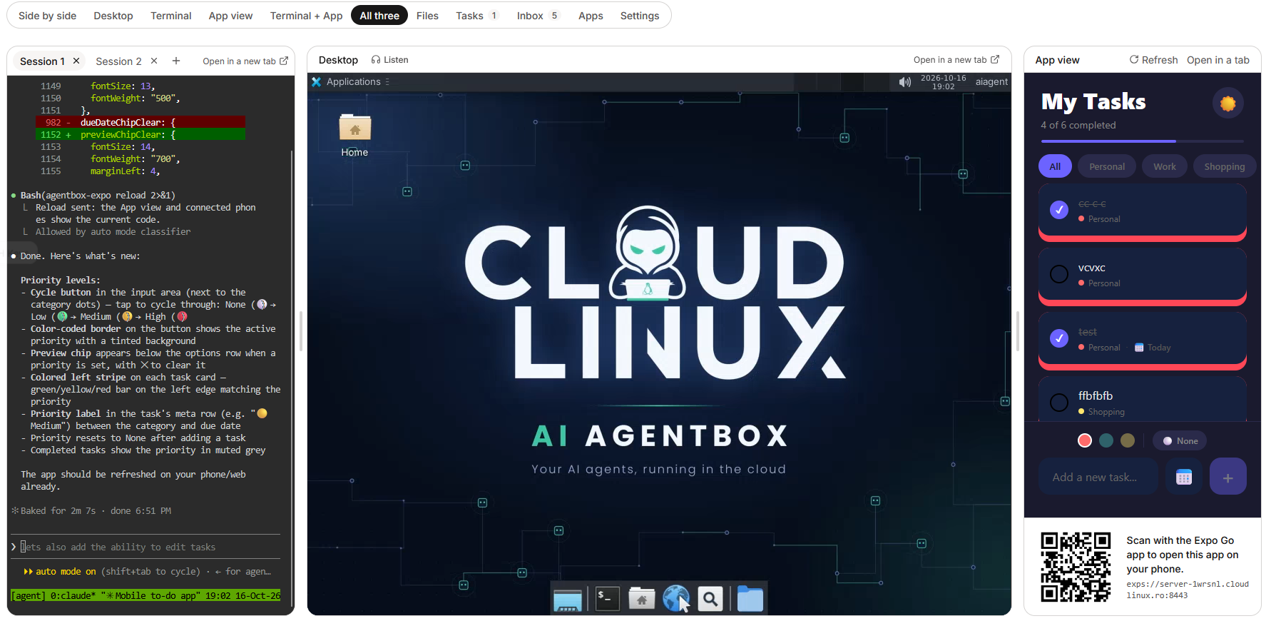 AgentBox console with web terminal, Linux cloud desktop and live mobile app preview with Expo Go QR code, all in one browser tab