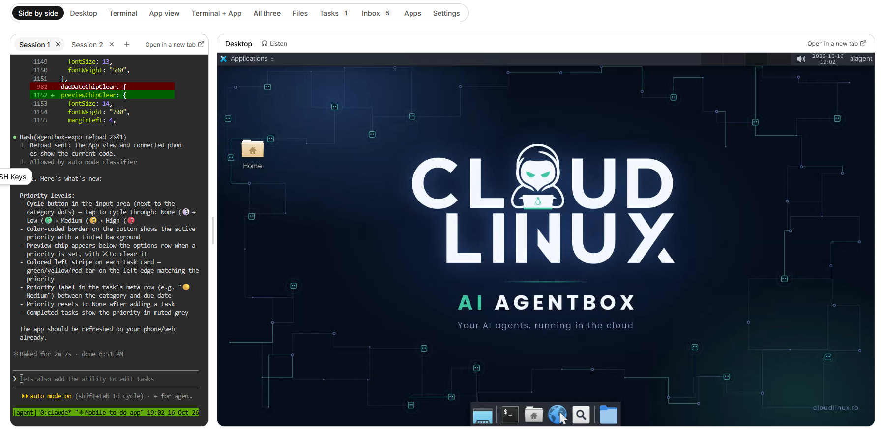 AI agent writing code in a web terminal next to a Linux cloud desktop with the AgentBox wallpaper